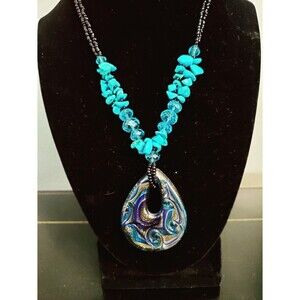 Art Glass Blue Swirl Pendant Faux Turquoise Chips Seed Bead Necklace